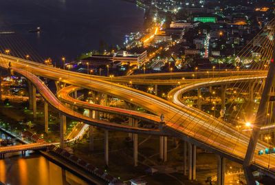 High angle view of illuminated bridge at night