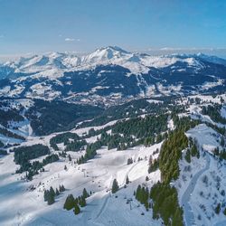 Aerial view of snowcapped mountains against sky