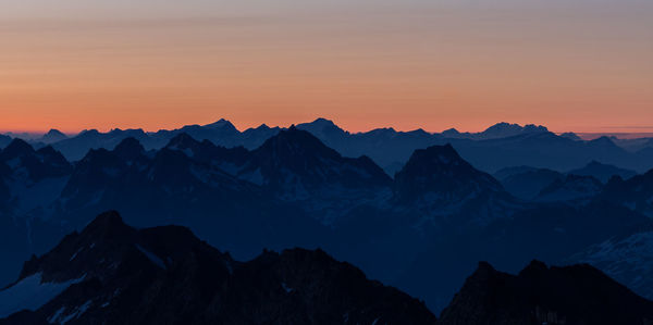 Scenic view of mountains against sky during sunset