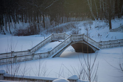 Snow covered footbridge against trees during winter