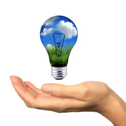 Close-up of hand holding light bulb over white background