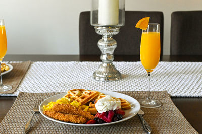 High angle view of breakfast served on table