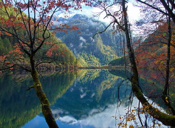 Scenic view of lake by trees during autumn with reflection from mirror lake.