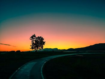 Silhouette trees by road against orange sky