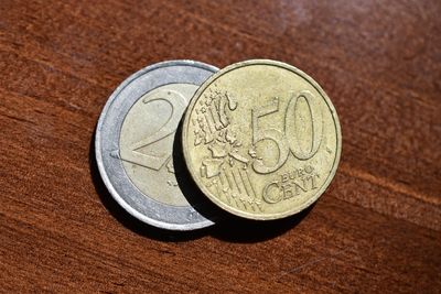 Close-up of coins on table