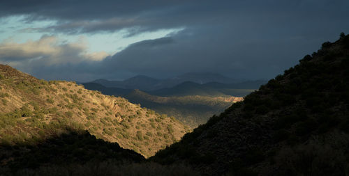 Scenic view of mountains against dramatic sky
