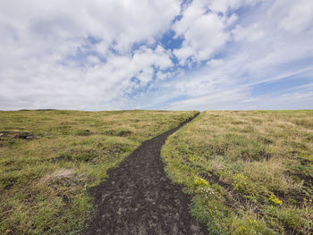 Scenic view of road amidst field against sky