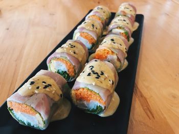 High angle view of sushi on table