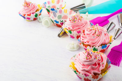 High angle view of multi colored cake on table