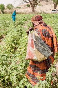 Rear view of woman working on field