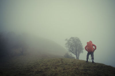 Rear view of man standing on mountain against sky