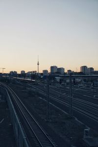 High angle view of railroad tracks against clear sky