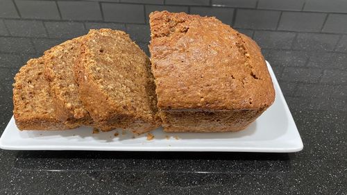 High angle view of bread in plate on table