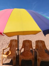 Close-up of yellow umbrella on beach