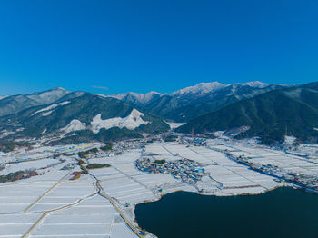 Scenic view of snowcapped mountains against clear blue sky