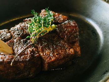 High angle view of steak served in plate