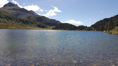 Scenic view of lake by mountains against sky