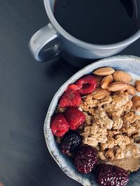 High angle view of breakfast served on table