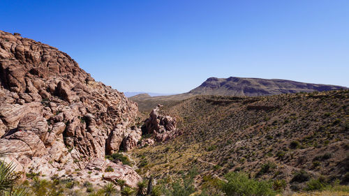 Scenic view of mountains against clear blue sky