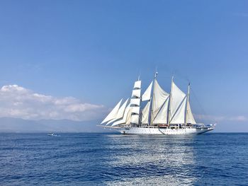 Sailboat sailing in sea against sky