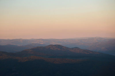 Scenic view of mountains against clear sky during sunset