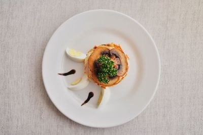 High angle view of food in plate on table