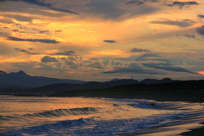 Scenic view of beach against sky during sunset