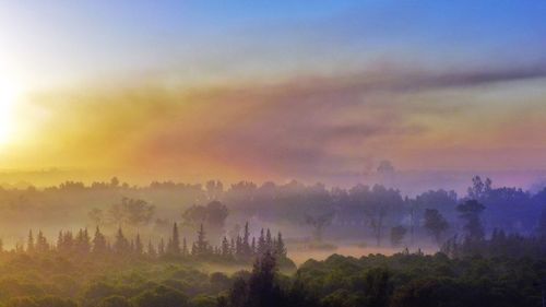 Scenic view of fog covered landscape during sunset