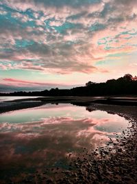 Scenic view of lake against cloudy sky