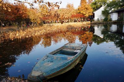 Boat moored in lake against sky