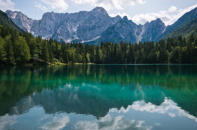 Scenic view of lake and mountains against sky