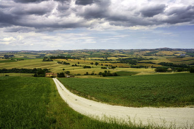 Scenic view of farm against sky