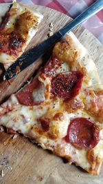 High angle view of pizza on table