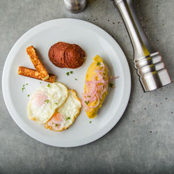 High angle view of food in plate on table