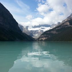 Scenic view of lake against cloudy sky