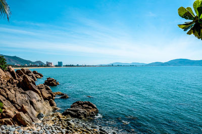 Scenic view of bay against sky