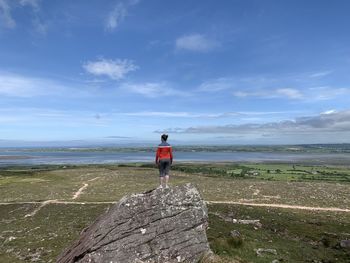 Rear view of man standing on sea shore against sky