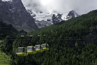 Overhead cable cars mountains against sky