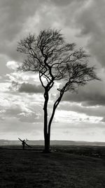 Bare trees by sea against cloudy sky