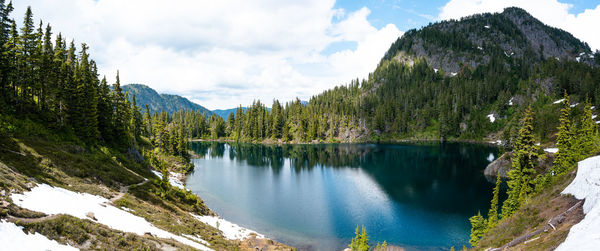 Panoramic view of lake by trees against sky