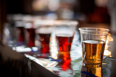 Close-up of beer glass on table