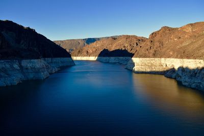 Scenic view of lake against clear blue sky