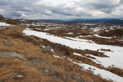 Scenic view of snow covered land against sky