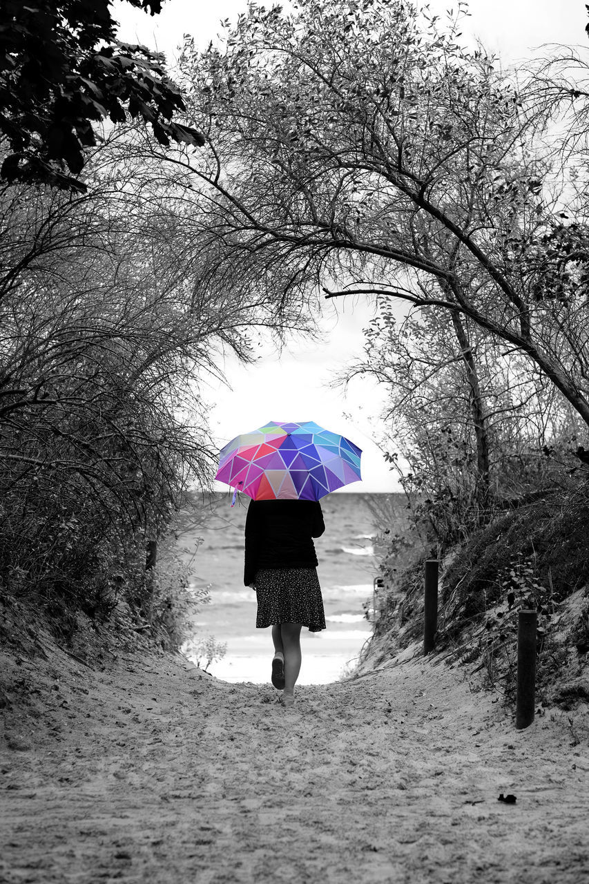 FULL LENGTH REAR VIEW OF WOMAN WALKING IN RAINY DAY