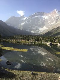 Scenic view of mountains and lake against sky