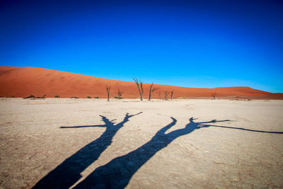 Shadow of man on sand against clear blue sky