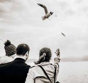 Rear view of man and birds flying against sky