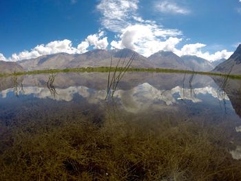 Scenic view of lake and mountains against sky