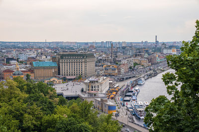 High angle view of buildings in city against sky