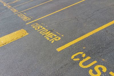 High angle view of road sign on street